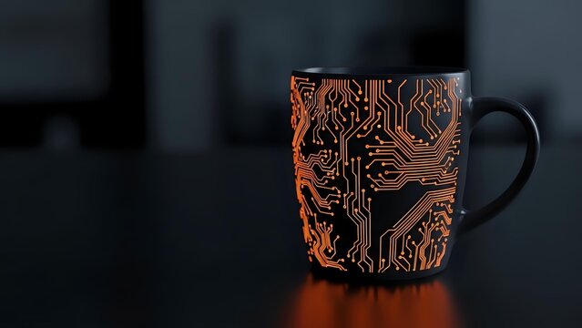 Black coffee mug with orange circuit board pattern design on dark background, technology themed drinkware for office and tech enthusiasts.