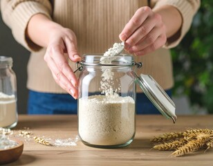 Person Pours White Powder From Spoon Into Glass Jar With Wheat Stalks On Wooden Table Creating Healthy Ingredient For Baking