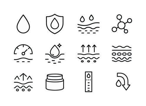 Skin Hydration Icons. Skin hydration. Line icon set of Skin hydration: water droplet, hydration shield, moisture barrier, humectant molecule, hydration meter,