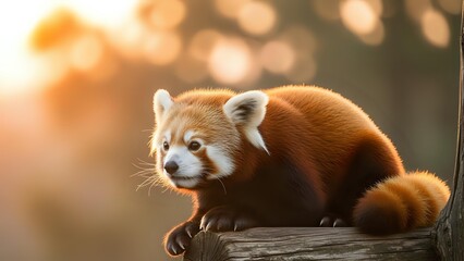 Fototapeta premium Adorable red panda sitting on wooden log with warm golden sunlight and bokeh background creating peaceful wildlife scene for nature photography.