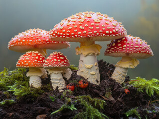 Fototapeta premium Vibrant mushrooms in a mossy forest