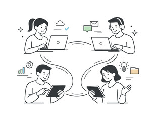 Digital Teamwork Illustration. Collaboration across digital tools. Team members connected through laptops and tablets. Seamless teamwork and connectivity, soft