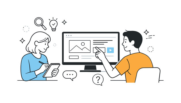 UX Testing Observations. UX research and usability testing. Researcher observing a user interacting with a prototype on a screen, noting reactions