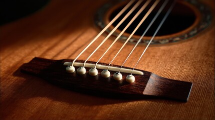 Fototapeta premium Strings are visible on a guitar close up in a room with some light shining in during the day