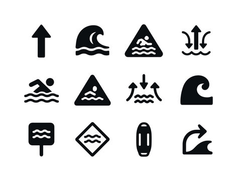 Riptide Icon Set. Riptides. Solid icon set of riptides: strong current arrow, breaking wave, undertow symbol, swimmer warning icon, ocean pull vector, rip