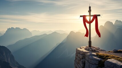 Cross with red cloth on mountain in sunlight. Suitable for religious concepts or inspirational content for various projects. Ideal for religious websites.