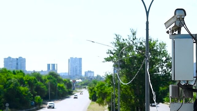 Security CCTV camera or surveillance system observes vehicular traffic on a road