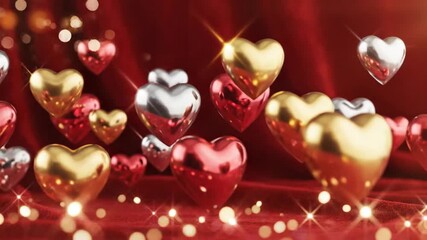 Floating metallic hearts on red background with light effects