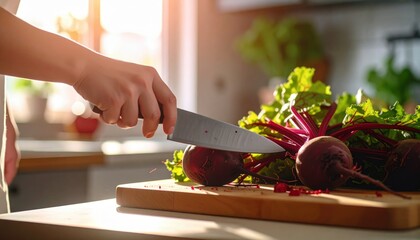 Close Up Of A Person Slicing Fresh Beets On A Wooden Cutting Board With Natural Sunlight Illuminating The Scene In A Kitchen
