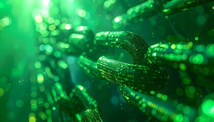 Digital Chain's Connection: A close-up view of a digital chain, highlighting the interconnectedness of technological advancement, is bathed in a futuristic green glow.