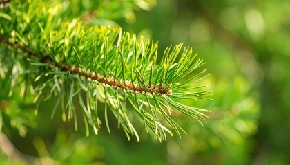 Close Up Of A Vibrant Green Pine Needle Branch With Sunlight Filtering Through In A Forest Setting