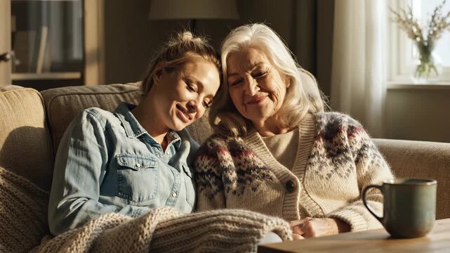 Mother and daughter smile together on couch sharing family love. Senior woman bonds with daughter at home. Mother daughter relax on sofa smiling. Family bonding with warm embrace on home couch.