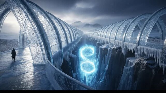 Frozen ethereal bridge above glowing abyss
