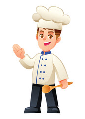 Friendly boy chef waving his hand while holding a wooden spoon in the other hand. Vector cartoon character illustration