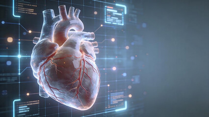 Futuristic digital human heart with medical technology interface