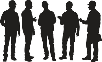 Silhouette construction workers in discussion, team collaboration, construction site, vector illustration