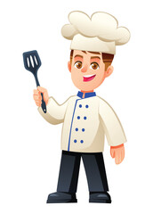 Smiling boy chef character holding a kitchen spatula tool in his hand. Vector cartoon illustration