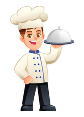 Professional boy chef character holding a catering food cloche tray. Vector cartoon illustration