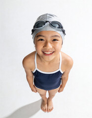 Top view of a little boy in swimming cap and goggles on white background