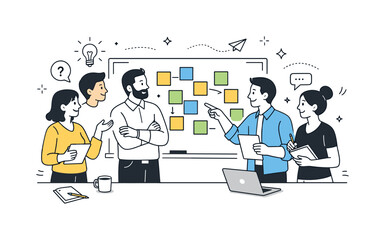 Creative Team Collaboration. Office brainstorming session. Team gathered around a board covered with colorful sticky notes. Active idea exchange and creative