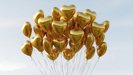 A radiant cluster of golden heart shaped balloons against a clear sky