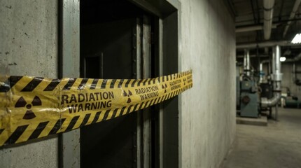 Yellow radiation warning tape is stretched across a doorway in a dimly lit industrial corridor with machinery and pipes visible in the background, indicating restricted access to hazardous area