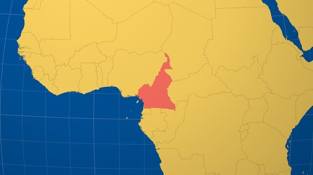 Cameroon on Globe. Animated zoom into the country in Ocean Blue Golden Yellow color palette. Cameroon logo animation. Map with meridians, parallels. Creative video.