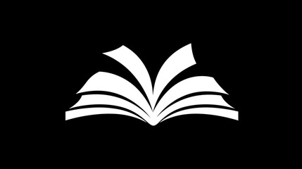 Open book icon, white silhouette with fanned pages on a black background. Symbol of reading, education, knowledge, and learning.