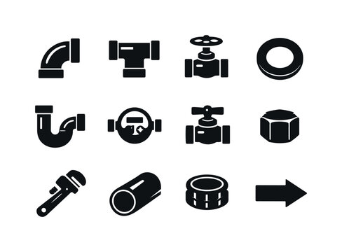 Plumbing Icons Grid. Plumbing components. Solid icon set of Plumbing components: pipe elbow, T-joint, valve handle, rubber gasket, P-trap pipe, water meter,