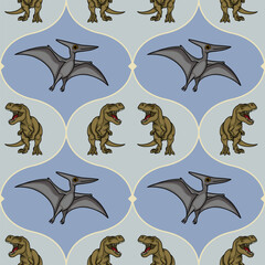 Seamless vector pattern of cartoon dinosaurs, T-Rex and Pterodactyl, in playful poses against a geometric background. © Khrystyna Turchyn