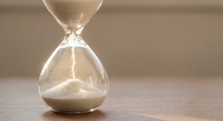 A close-up shot of a glass hourglass with white sand flowing through it on a wooden surface against a soft blurry background under warm ligh
