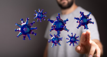 Conceptual image of a man touching virus illustrations, representing healthcare or scientific themes in modern