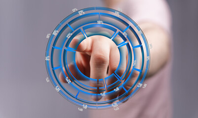 A hand interacts with a digital pie chart, symbolizing data analysis, business, statistics, and technology. Ideal for concepts like p