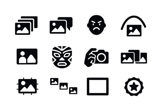 Photo Story Icons. Photographic storytelling. Solid icon set of photographic storytelling: image sequence, caption bubble, emotion icon, story arc, subject