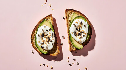 Two rye avocado toasts with cream cheese and mixed seeds, top view isolated
