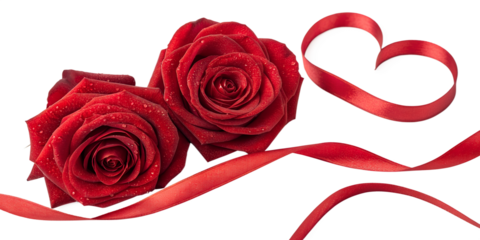 Two red roses with ribbon heart - isolated on transparent background
