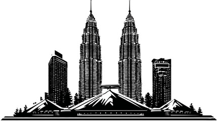 A black and white illustration of twin skyscrapers and surrounding architecture, a symmetrical composition
