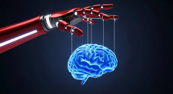 The future of human intellect under technological command, where a robotic hand deftly controls a luminous brain with puppet strings, illustrating AI's evolving power