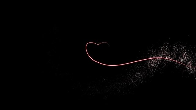 Gradually displaying red stroke heart with magic trail dust particles on black background. Romantic symbol of love, concept for valentine's day, wedding, dating, birthday. Loop animation video.