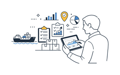 Supply Chain Analysis. Data-driven supply visibility. A professional analyzing real-time supply data on a tablet while goods icons align neatly. Calm