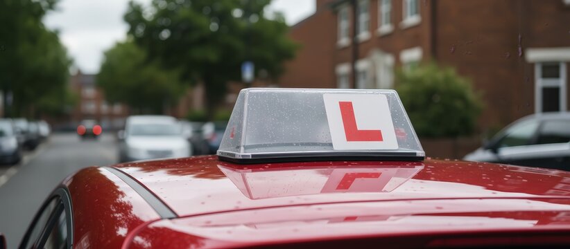 Red learner driver car with an l plate sign on its roof, indicating a driving lesson in progress on a residential street with buildings and other parked vehicles in the background