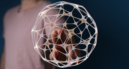 An artistic representation of a global network sphere held by a hand. Illustrates connection, data, digital world, and communication.