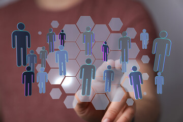 Concept of digital networking with people icons representing global connection and social interaction. Touch in