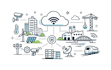 Fototapeta premium Smart Infrastructure Monitoring. Smart infrastructure monitoring. Abstract buildings and machines connected through cloud and sensor symbols, calm