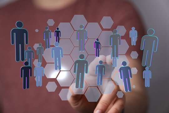Concept of digital networking with people icons representing global connection and social interaction. Touch in - Powered by Adobe