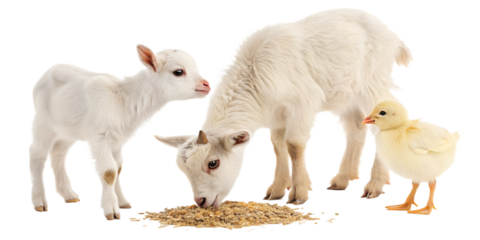 Ultra realistic baby farm animals, calf, kid goat, lamb and chick eating feed, cute young animals, small proportions, calm curious expressions, soft detailed fur and feathers, gentle studio lighting, 
