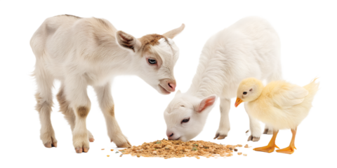 Ultra realistic baby farm animals, calf, kid goat, lamb and chick eating feed, cute young animals, small proportions, calm curious expressions, soft detailed fur and feathers, gentle studio lighting, 