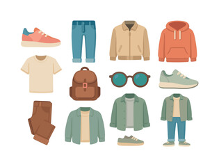 Modern Casual Wear Icons. Modern casual wear. Colorful flat vector icons set of Modern casual wear: minimalist sneakers, tapered jeans, neutral jacket, plain