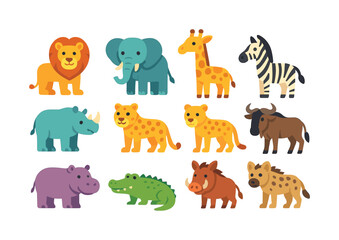 Fototapeta premium Safari Animal Icons. Safari animals. Colorful flat vector icons set of safari animals: lion, elephant, giraffe, zebra, rhino, leopard, cheetah, wildebeest,