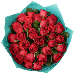 Bouquet of red roses in turquoise wrapping paper in vibrant color with lush green leaves for romantic gift